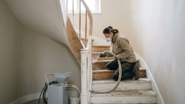 Décapage d'un escalier en bois à l'aérogommeuse