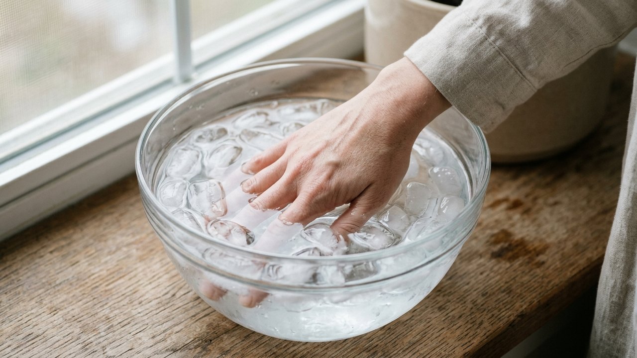 Doigt plongé dans l'eau froide pour dégonfler