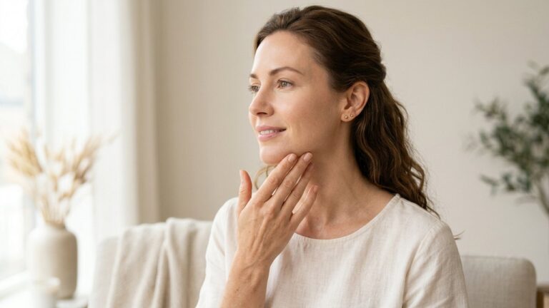 Femme montrant la réduction de son double menton