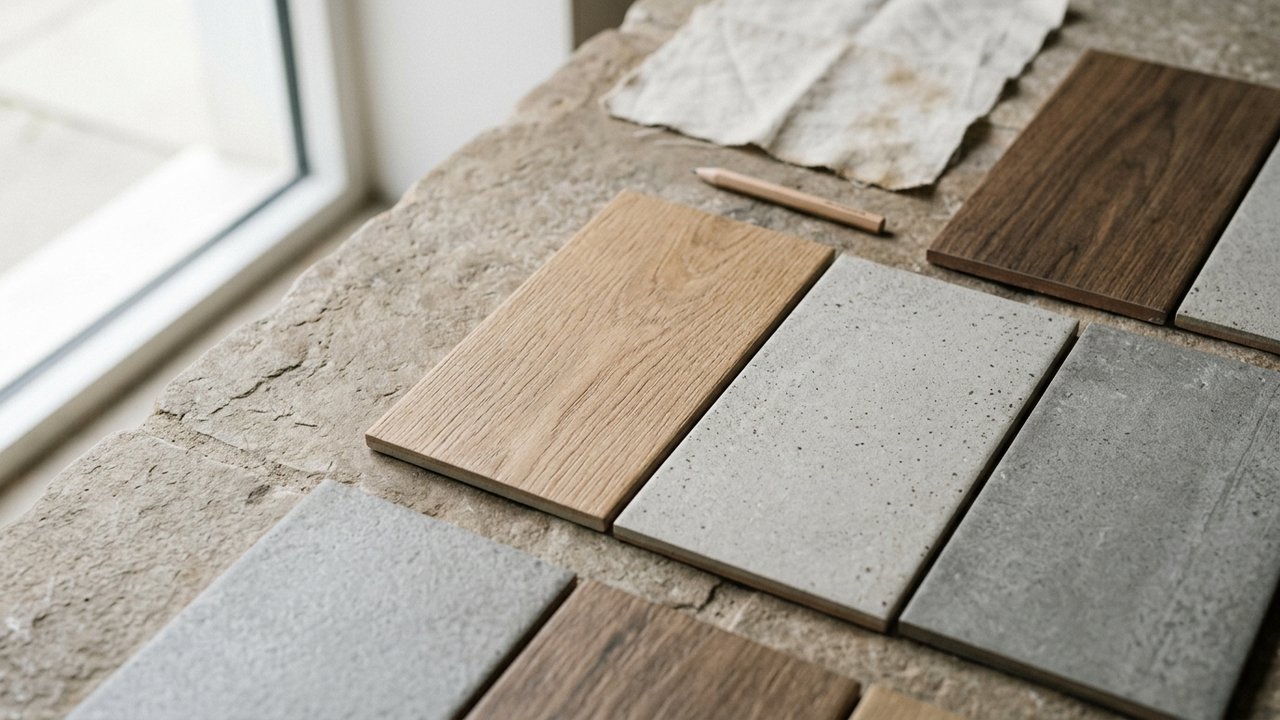 Échantillons de carrelage avec effets bois et béton