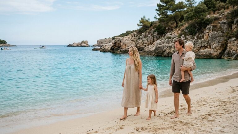 Famille avec enfants sur une plage turquoise en Albanie