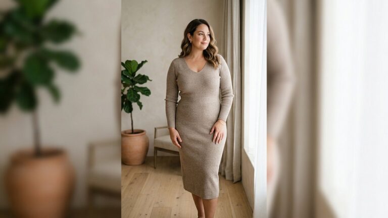 Femme ronde habillée d'une robe cintrée qui met en valeur sa silhouette