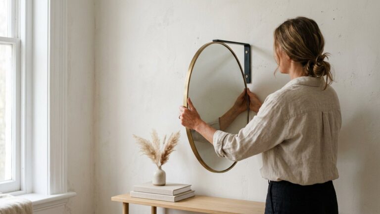 Fixation d'un miroir au mur avec supports métalliques