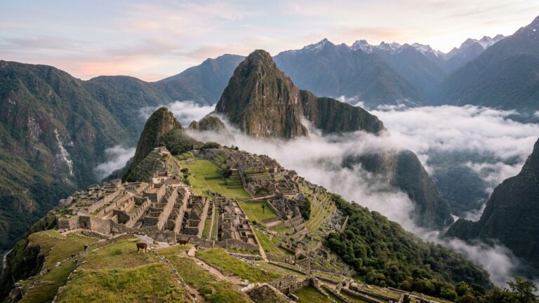 Vue panoramique du Machu Picchu au lever du soleil dans les Andes péruviennes