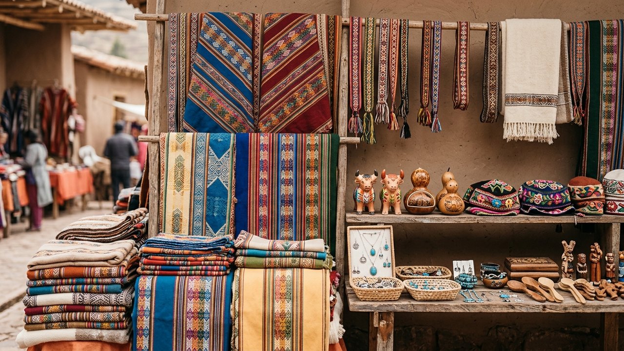Textiles traditionnels et artisanat colorés vendus sur un marché local au Pérou