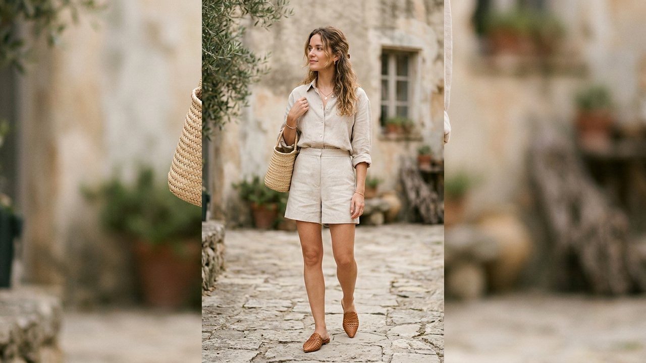 Mules en cuir tressé avec un short en lin pour un look casual chic