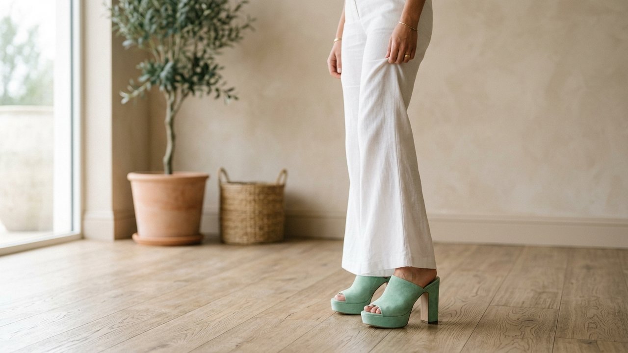 Mules vert menthe avec un pantalon flare blanc pour un style sophistiqué