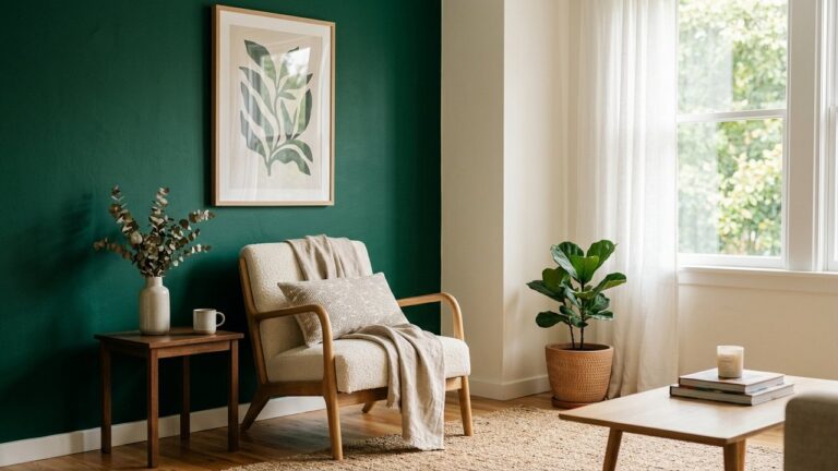 Grand mur de salon peint en vert émeraude avec décoration harmonieuse