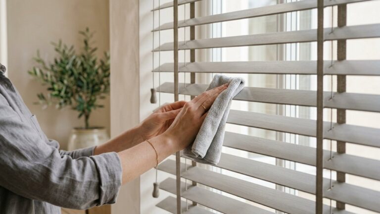 Nettoyage des lames d'un store vénitien avec un chiffon microfibre