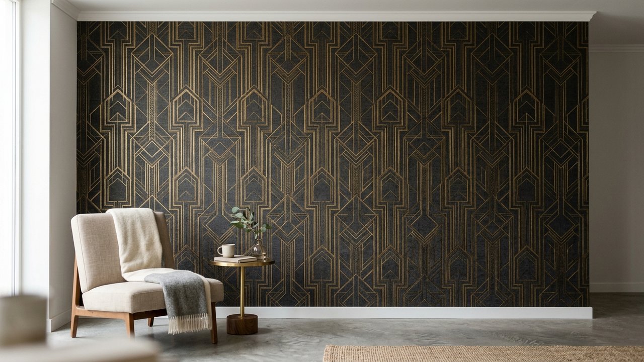 Papier peint panoramique à motifs géométriques dorés sur grand mur