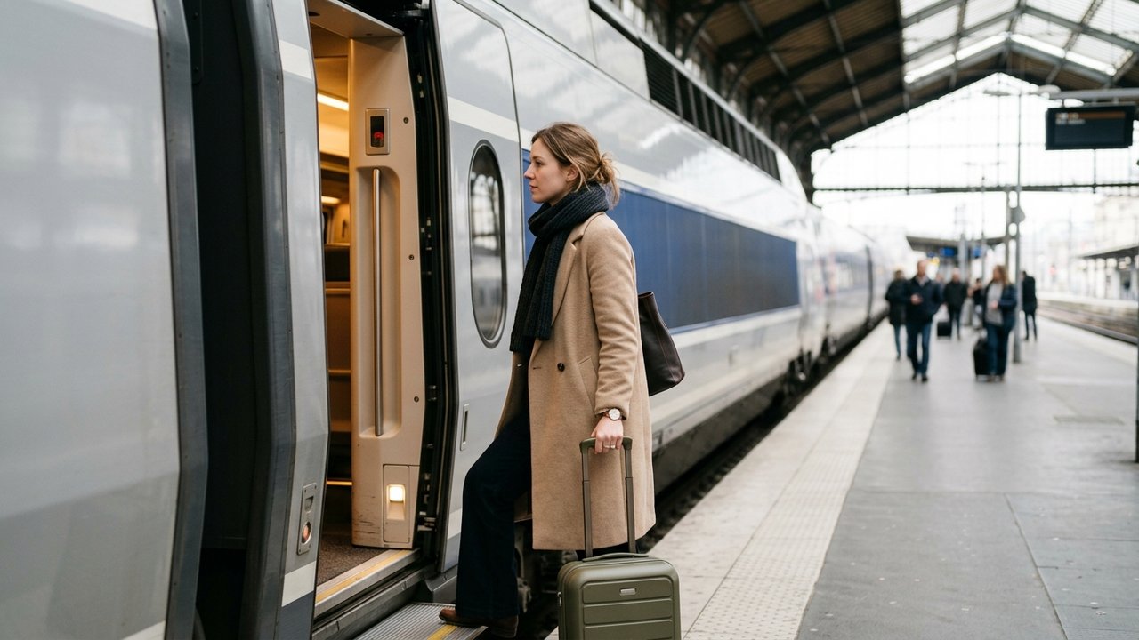 Passager montant dans un TGV à destination de Milan depuis Paris