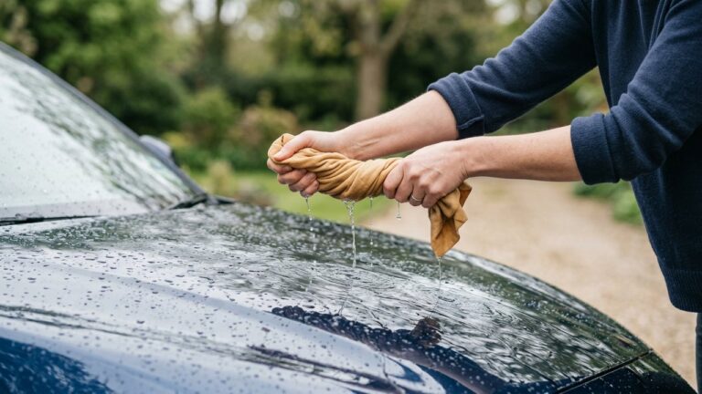 Peau de chamois humide essorée pour sécher une carrosserie