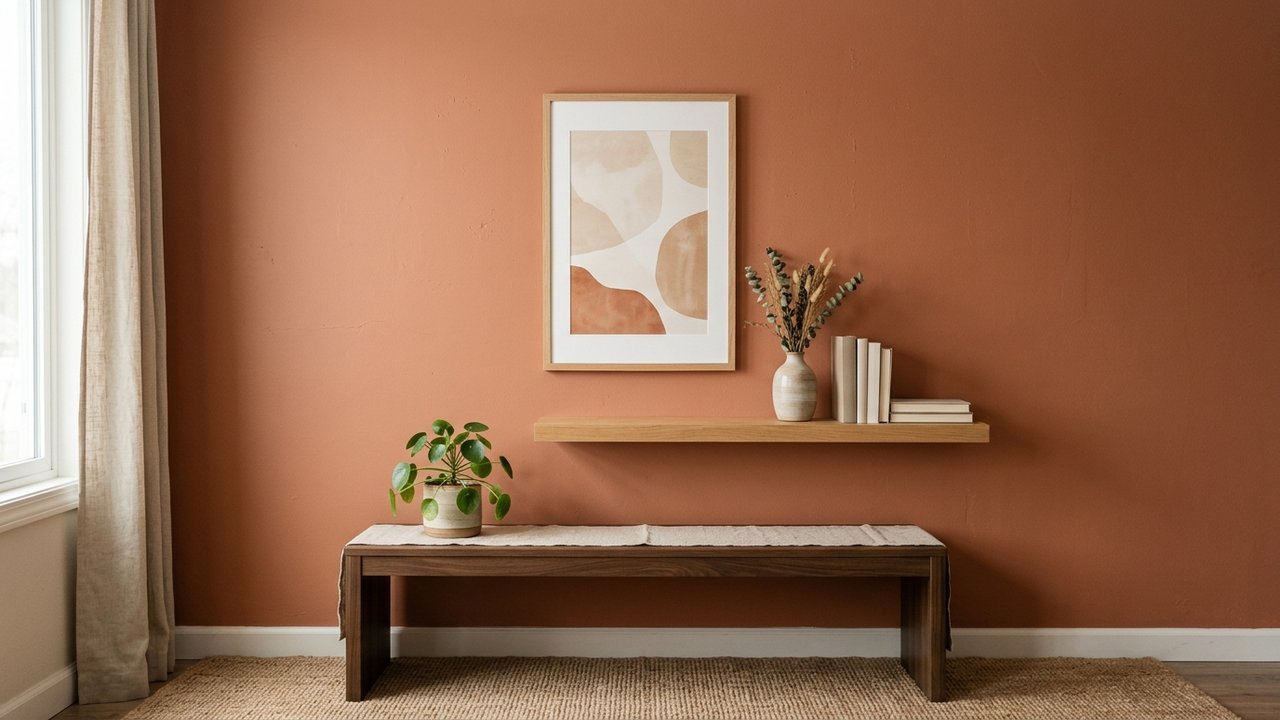 Mur de salon peint en terracotta avec finition mate et ambiance cosy