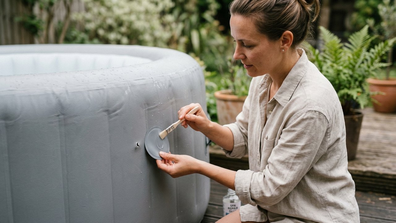 Application d'un patch PVC pour réparer une fuite sur spa gonflable