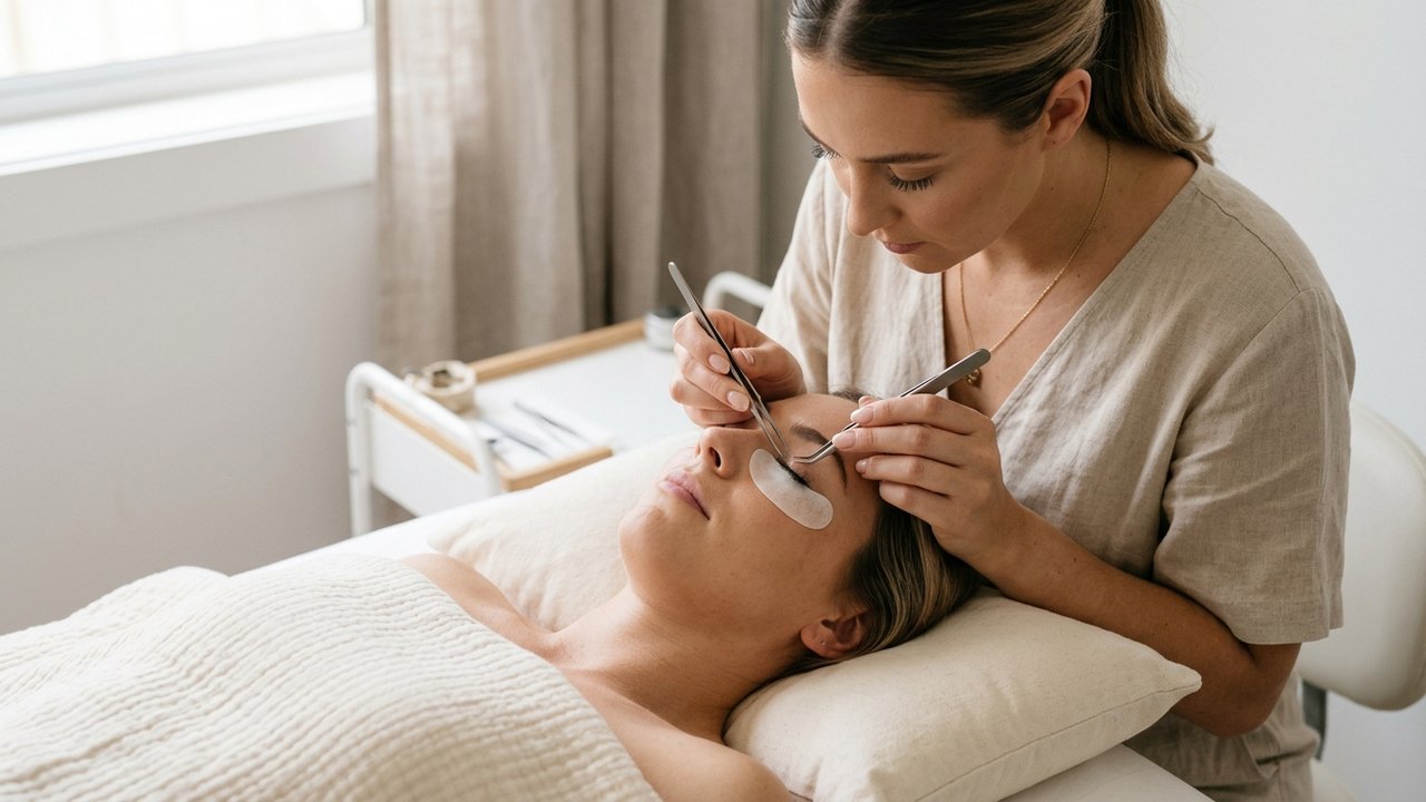 Retrait professionnel des extensions de cils par une technicienne