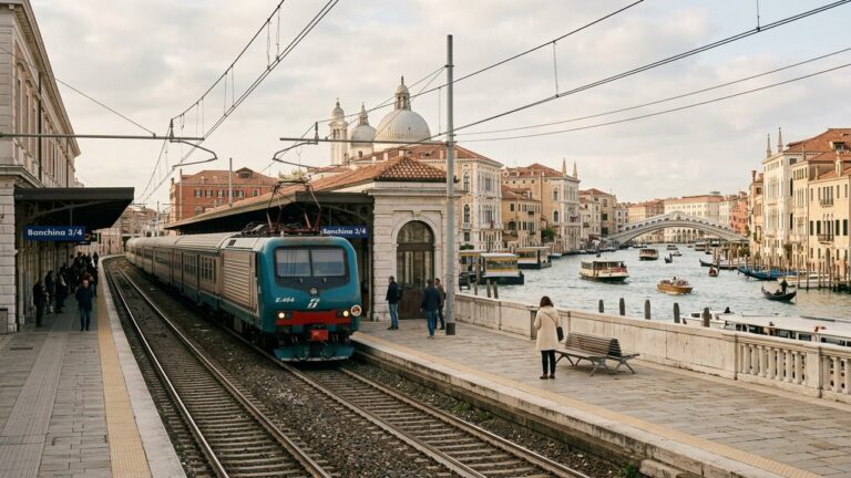 Train arrivant à la gare de Venise Santa Lucia au bord du Grand Canal
