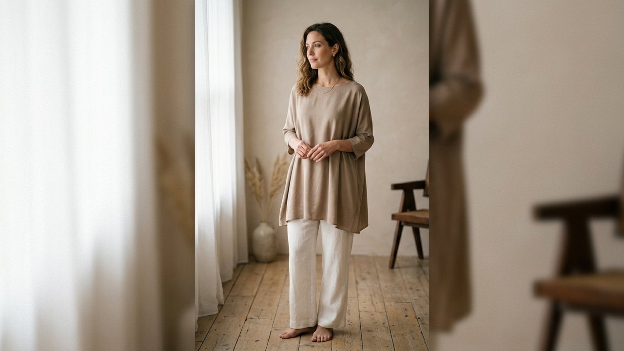 Tunique fluide qui camoufle le ventre avec élégance sur silhouette ronde