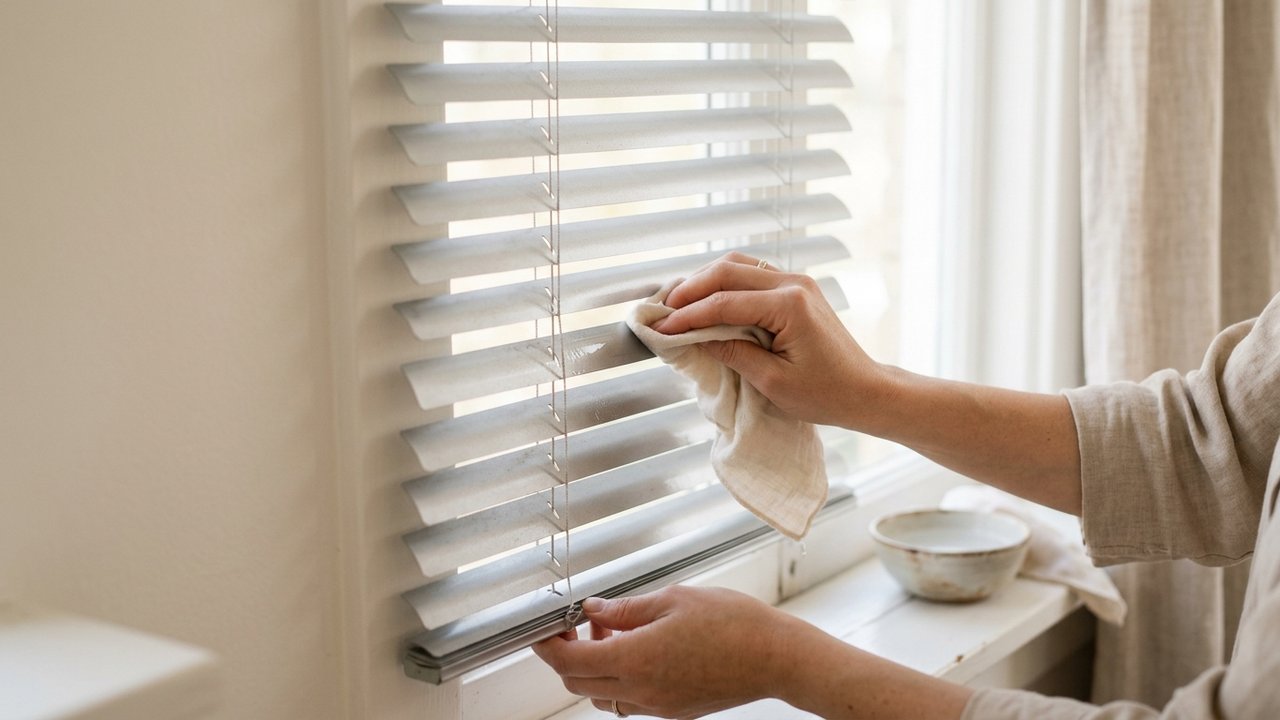 Nettoyage d'un store vénitien en aluminium avec une solution de vinaigre blanc