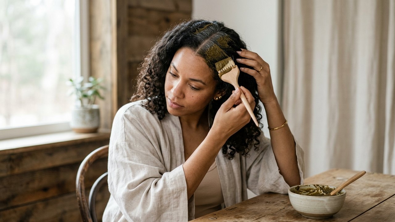 Application d'une coloration naturelle faite maison sur les cheveux