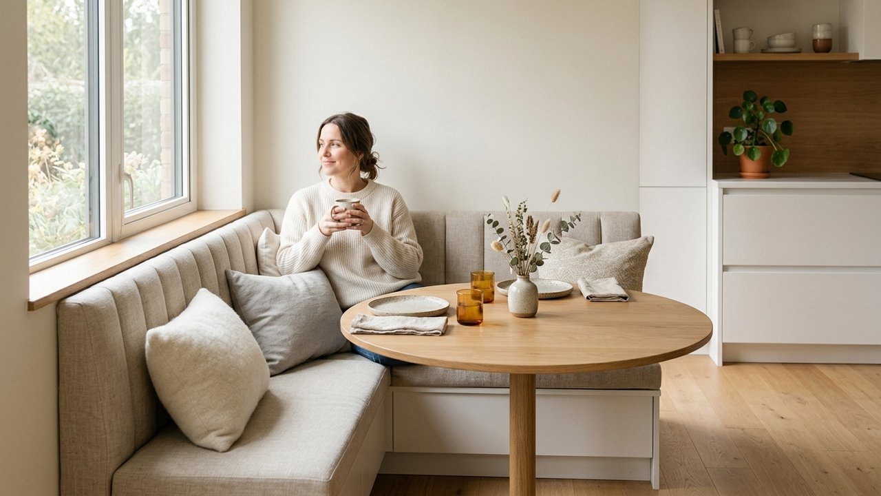 Banquette d'angle avec table compacte créant un coin repas délimité