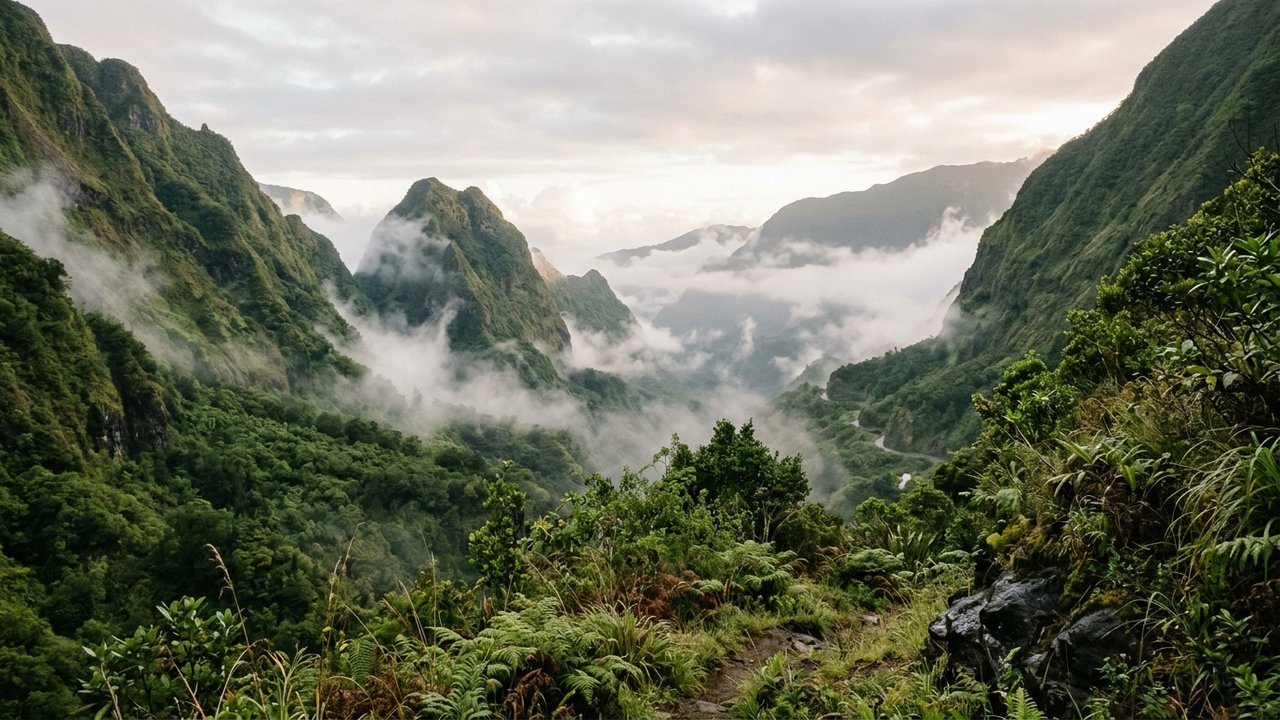 Vue matinale d'un cirque de La Réunion avec brume et végétation luxuriante