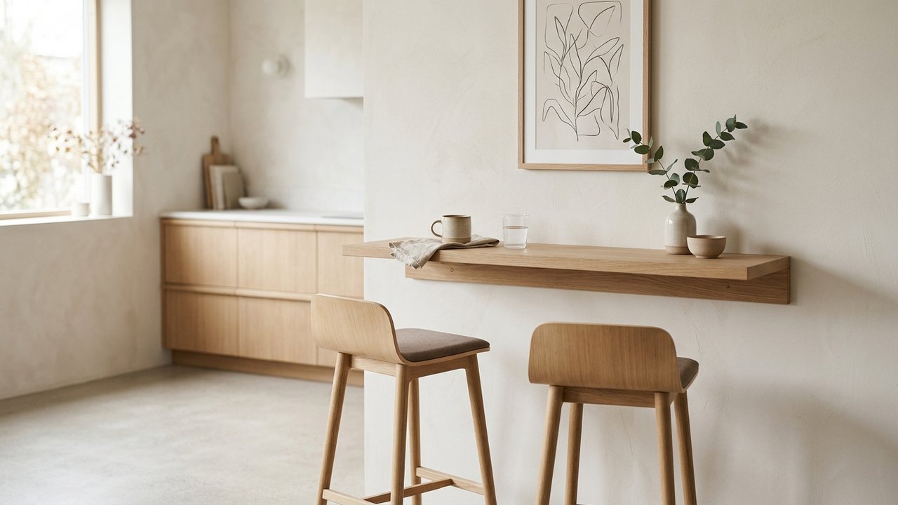 Petit coin snack avec plan de travail mural et tabourets hauts pour cuisine très petite