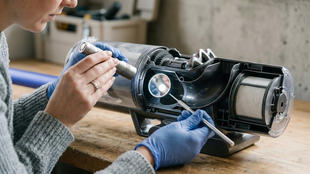 Inspection des conduits cachés d'un Dyson avec lampe et miroir