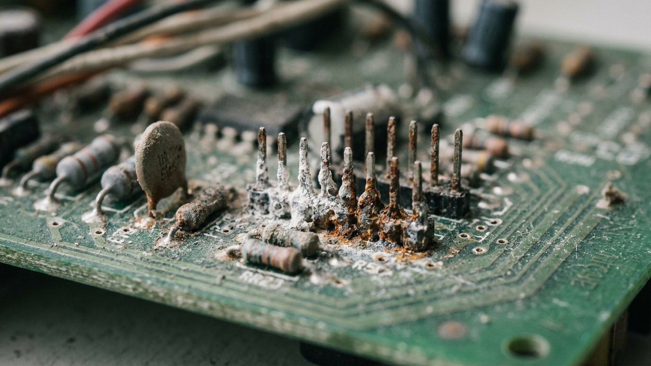 Oxydation et faux contacts sur la carte électronique d'un interphone