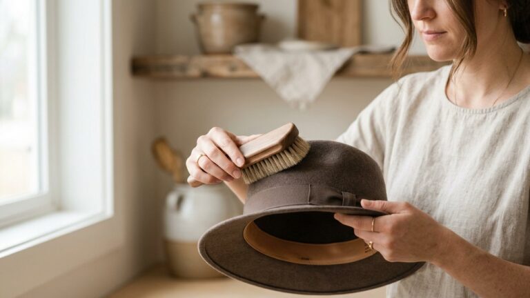 Brossage délicat d'un chapeau en feutre avec une brosse douce