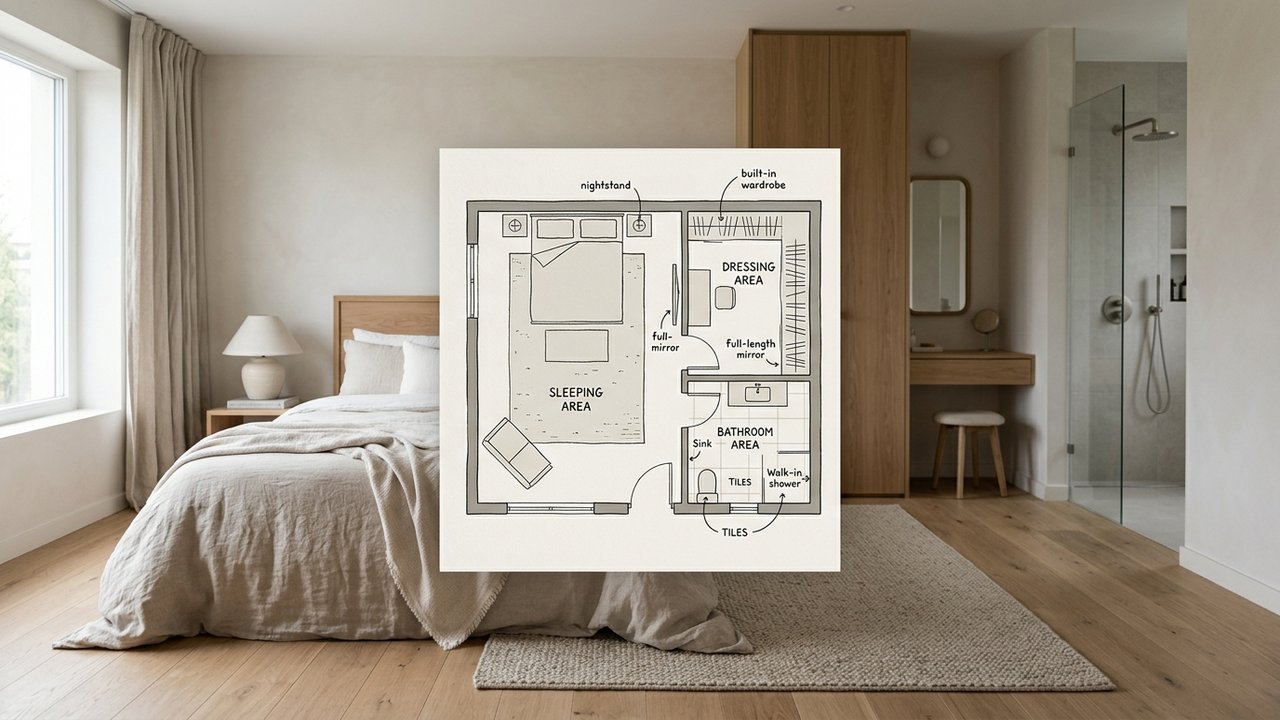 Plan d'aménagement d'une suite parentale avec chambre, dressing et salle de bain