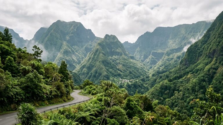 Paysage verdoyant de La Réunion en avril avec montagnes tropicales