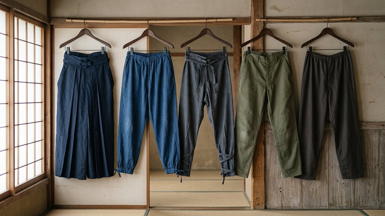 Différents styles de pantalons japonais traditionnels : hakama, samue et jinbei