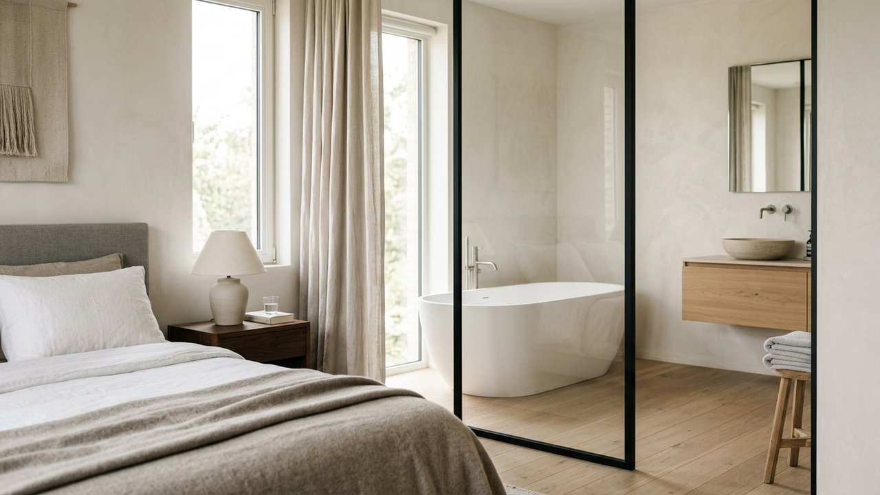 Séparation par verrière entre chambre et salle de bain d'une suite parentale