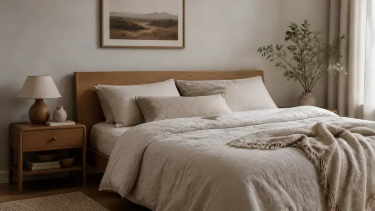 Chambre déco nature avec bois, lin et plantes