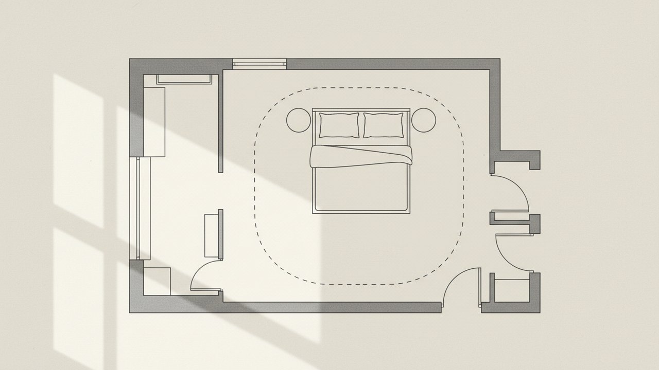 Plan de chambre avec lit et espace de circulation autour du lit
