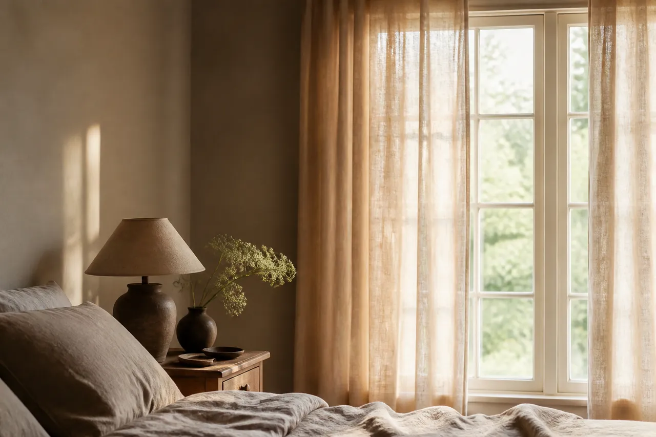 Chambre déco nature cocoon avec lumière chaude et lin