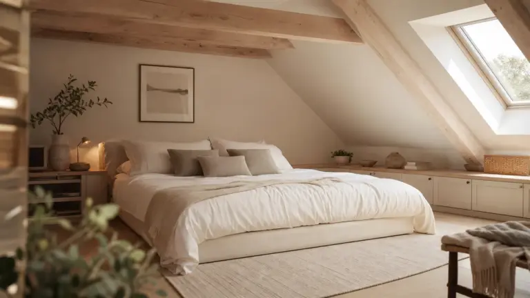 Suite parentale mansardée lumineuse avec rangements bas et poutres claires