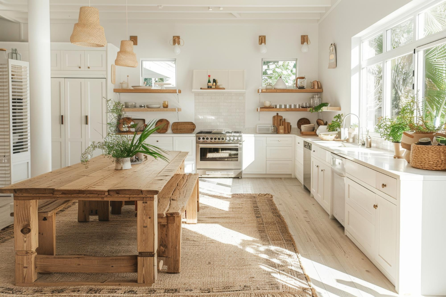 Cuisine de style scandinave avec lumière naturelle et meubles en bois