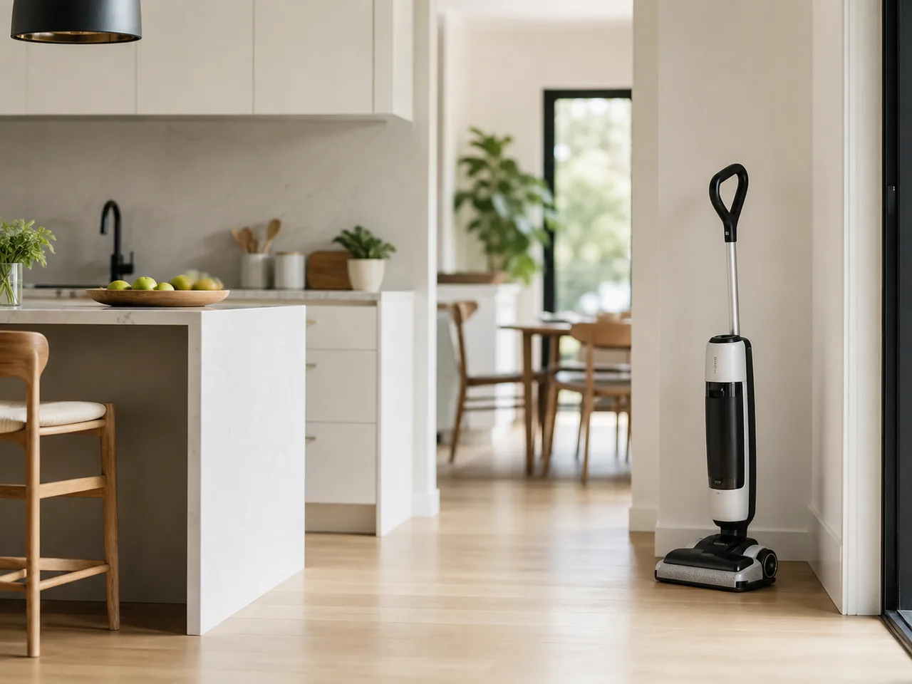 Cuisine rangée avec sol dur propre et appareil laveur discret