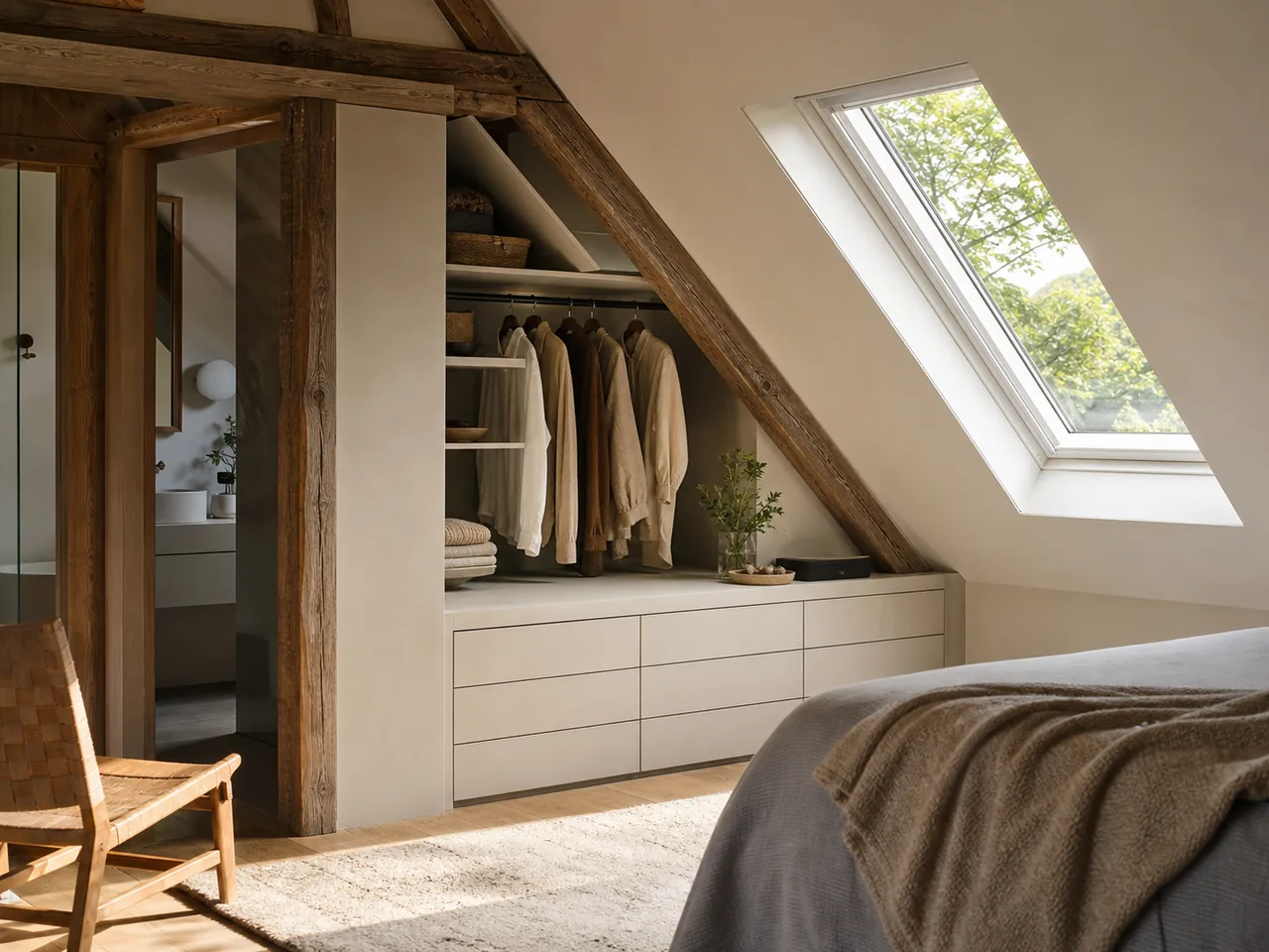 Dressing aménagé sous combles dans une suite parentale chaleureuse
