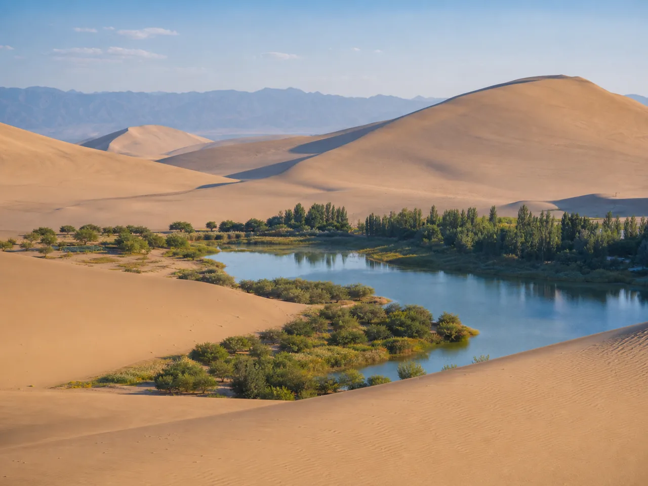 Dunes de Dunhuang près d'une oasis dans le Gansu