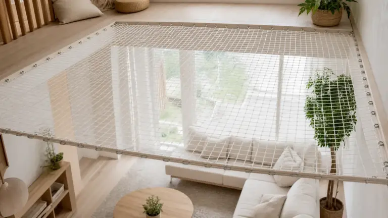 Filet de mezzanine blanc au-dessus d'un salon lumineux