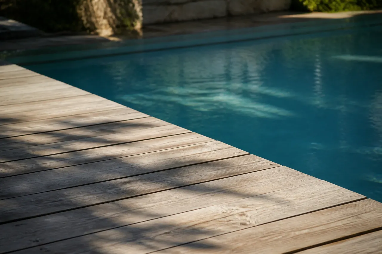 Lame de terrasse bois près d'une piscine