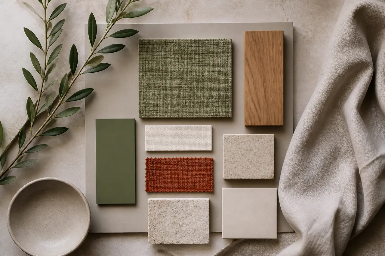 Palette de chambre déco nature en vert, beige et terracotta