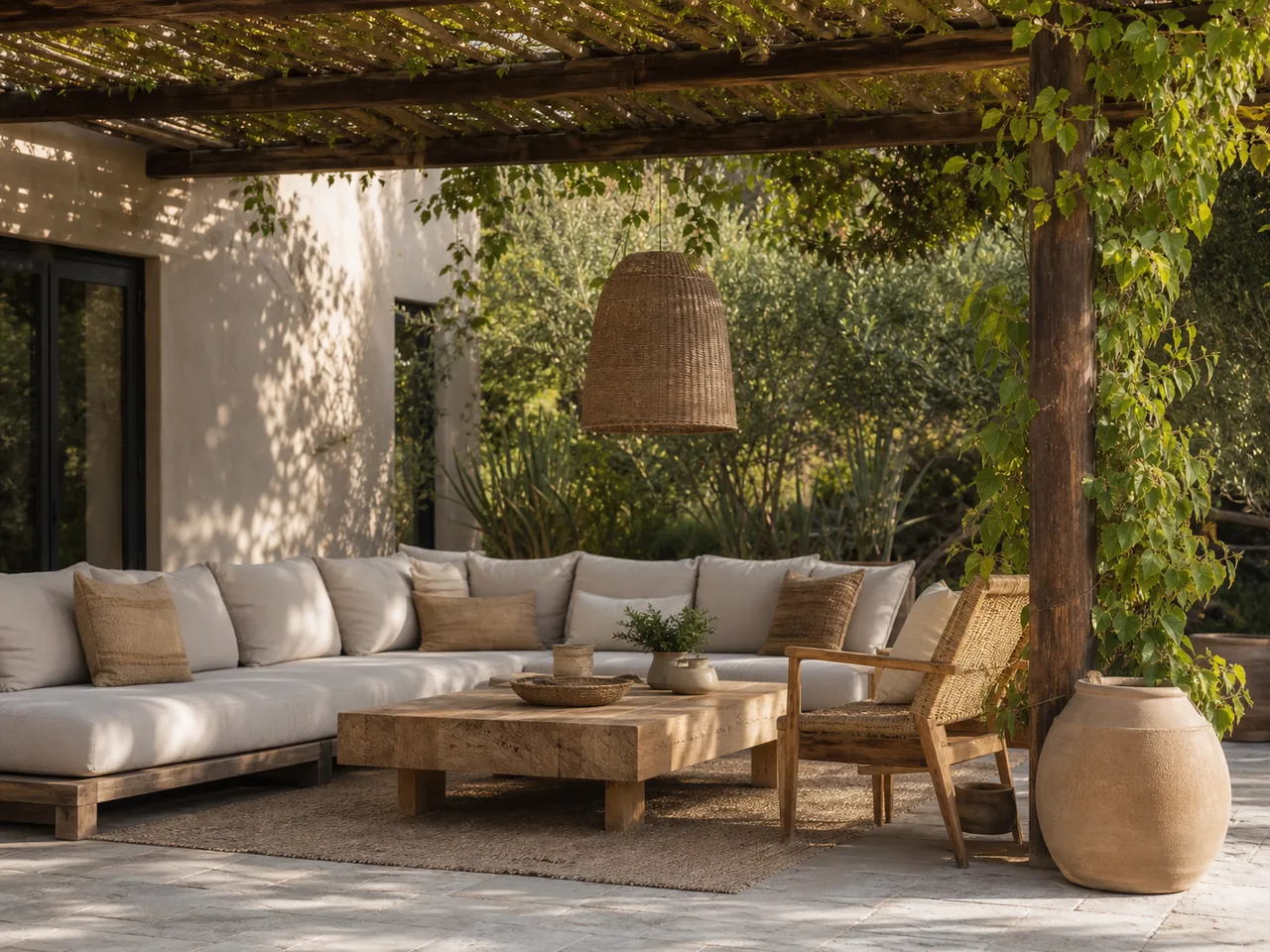 Terrasse cosy avec pergola ombragée et mobilier extérieur clair