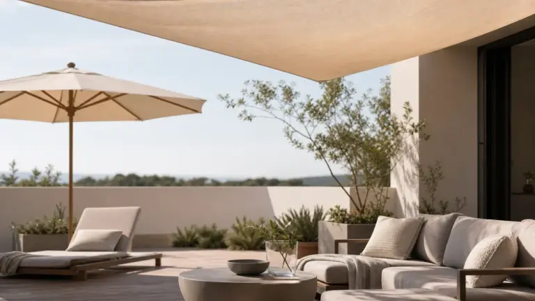 Terrasse lumineuse avec assises extérieures et protection solaire élégante