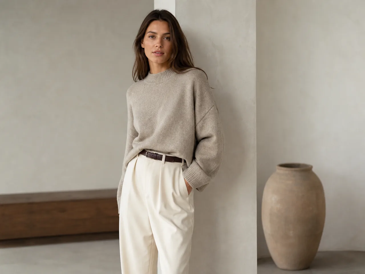Pull oversize rentré dans un pantalon taille haute avec ceinture
