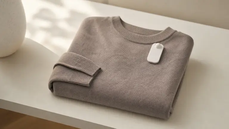 Pull plié avec un antivol plastique sur une table claire