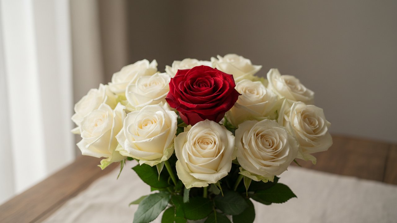 Rose rouge intégrée dans un bouquet de roses blanches