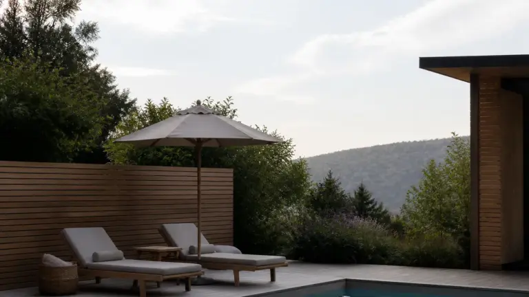 Terrasse en bois autour d'une piscine